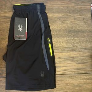 Spyder Active Men’s Small Shorts, Black & Grey, with Electric Yellow accents.